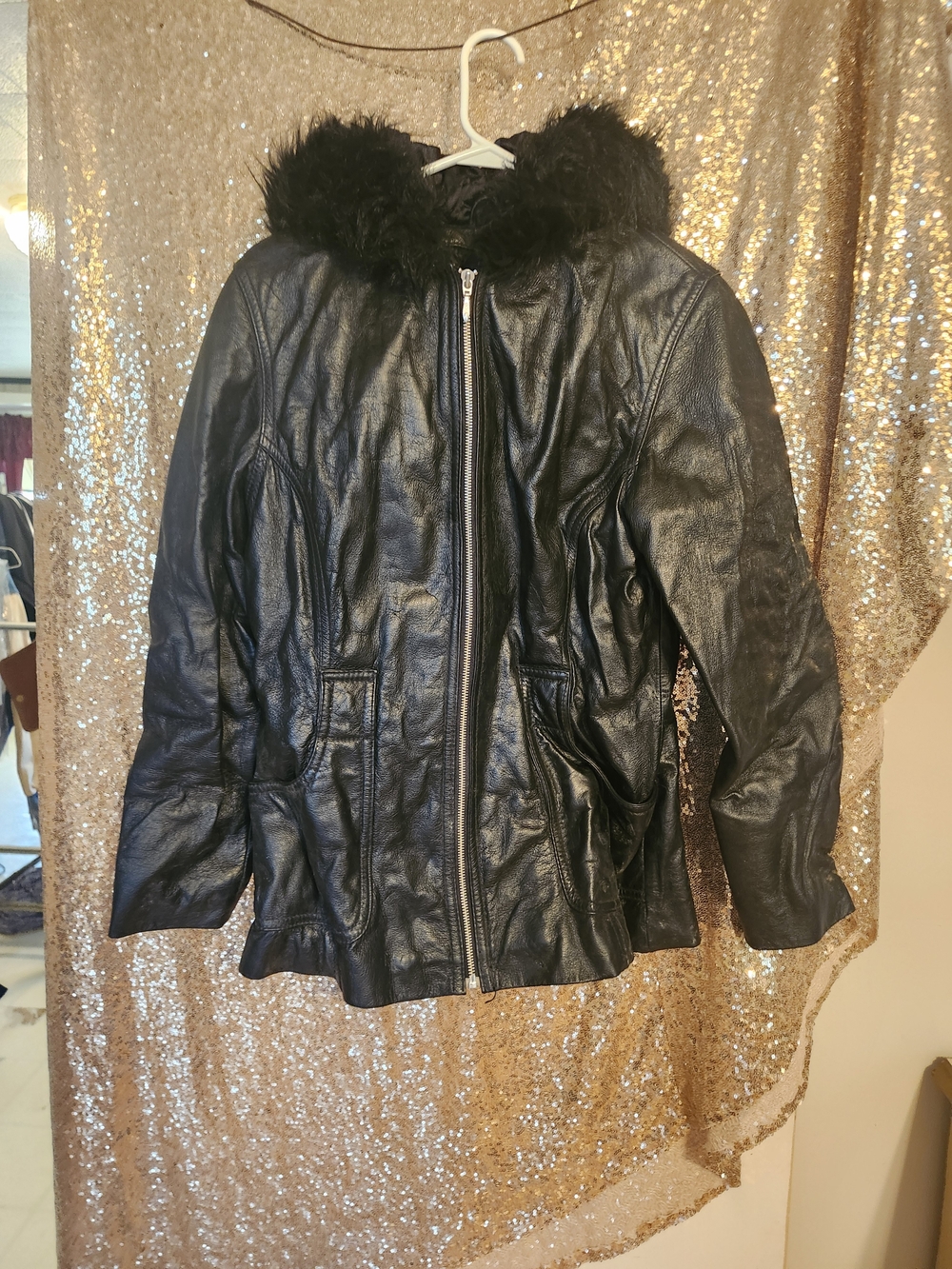 Wilsons Leather Black Faux-Leather Hooded Jacket with Fur Trim
